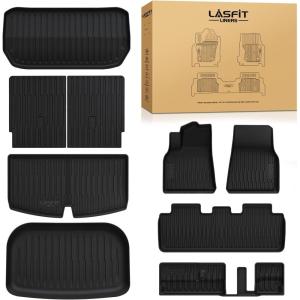 imageLASFIT 6PC Premium Extra Thick Floor Mats for Tesla Model Y 2025 2024 20232020 5 Seater  Custom Fit TPE All Weather  Model Y Accessories 1st ampamp 2nd Row ampamp Cargo Trunk Mats Full Set BlackFull Set Floor Mats for Model Y 7 Seater 20202025